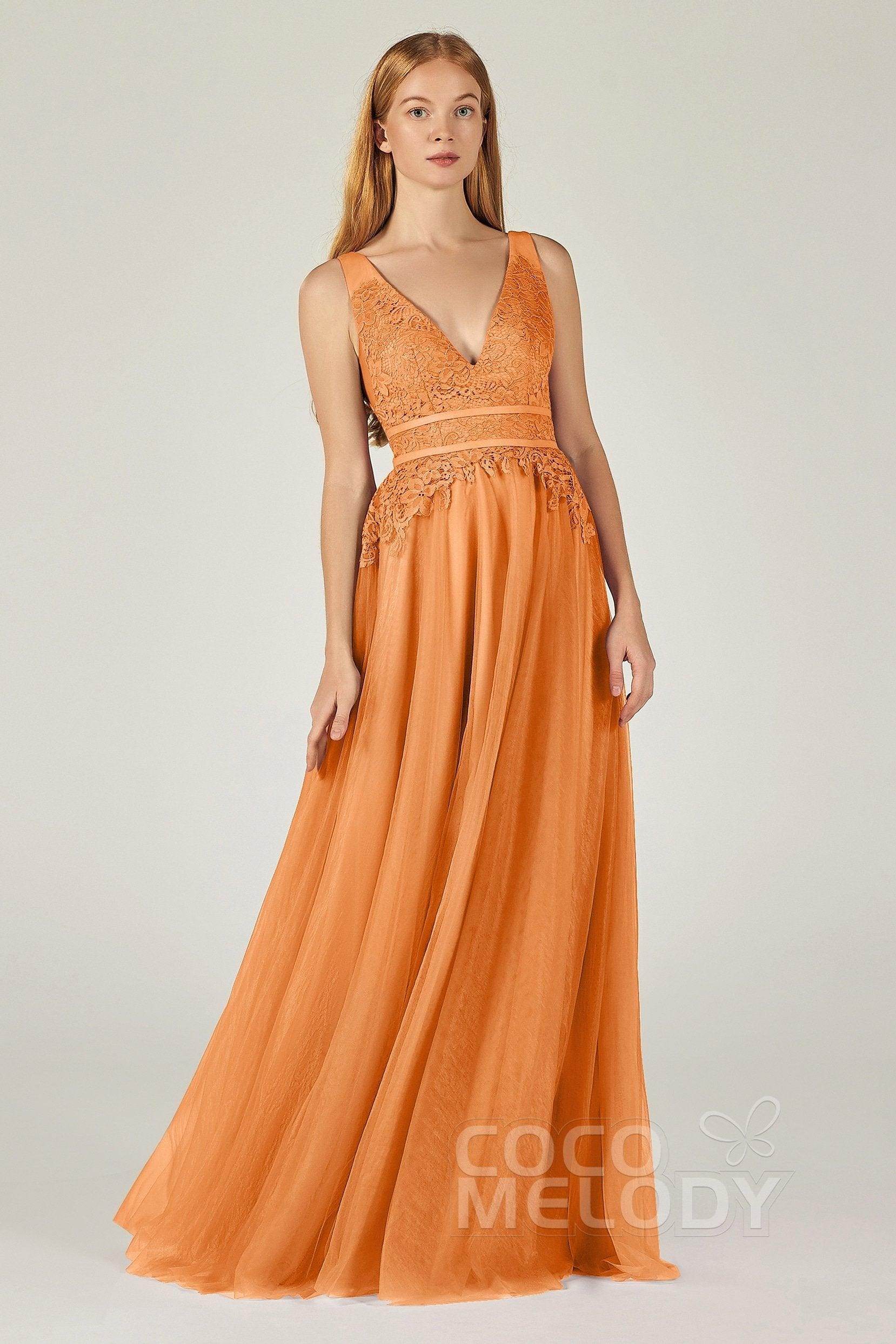 A-Line Floor Length Tulle Lace Bridesmaid Dress CB0379 - COCOMELODY